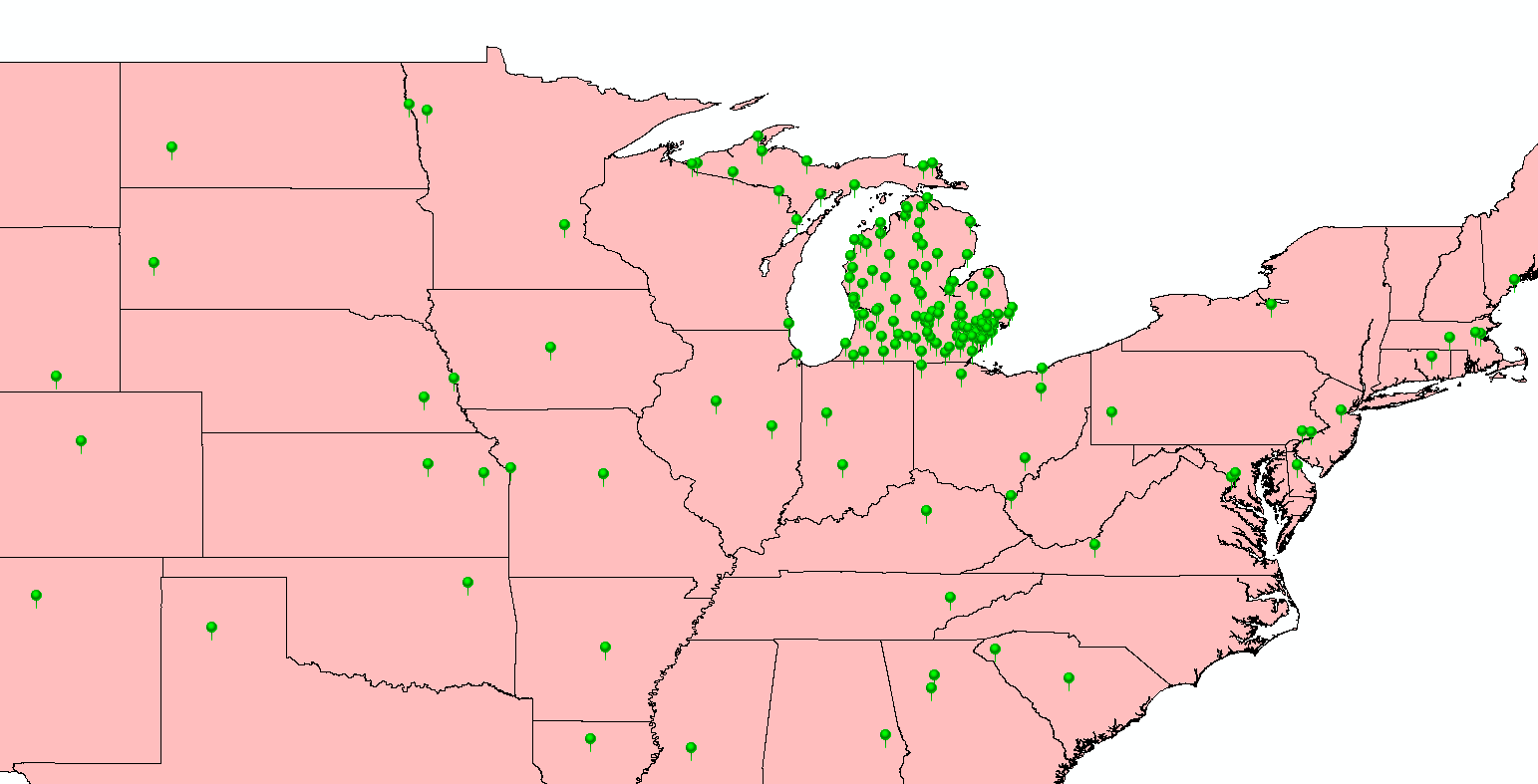 Map of the United States with pins densely clustered in Michigan and 1-2 pins in most other states