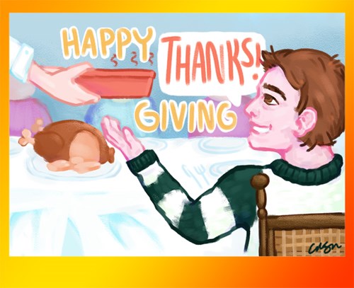 Happy 'Thanks' Giving! Drawing of a child eating at a Thanksgiving dinner.