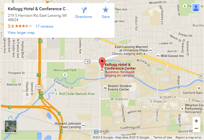 Map showing location of Kellogg Center on northwest corner of MSU campus in East Lansing