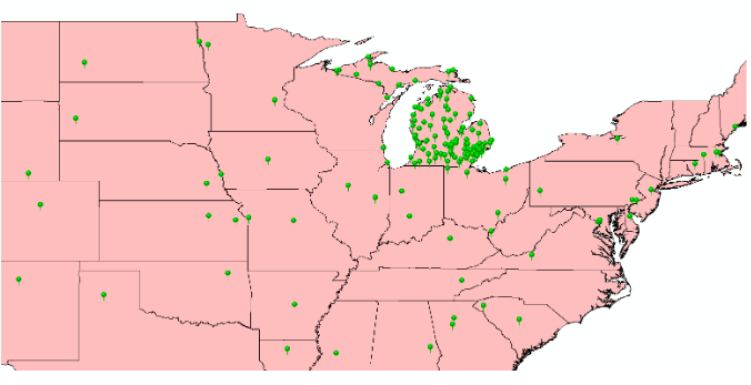 Map of Midwestern and Northeastern US, with dense dots in Michigan and one or two dots in each other state